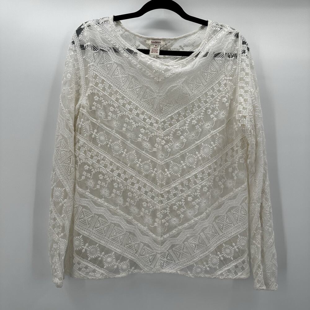 Sundance Top Shirt Womens Medium Ivory Crochet Sheer Knit Cottage Boho Western